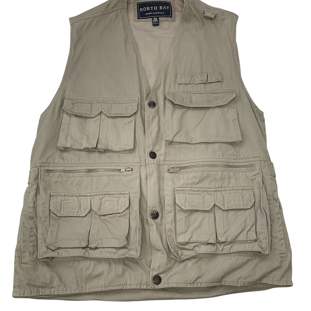 North Bay Khaki Utility Vest Men Small‎ Hiking Fishing  Pockets 100% Cotton